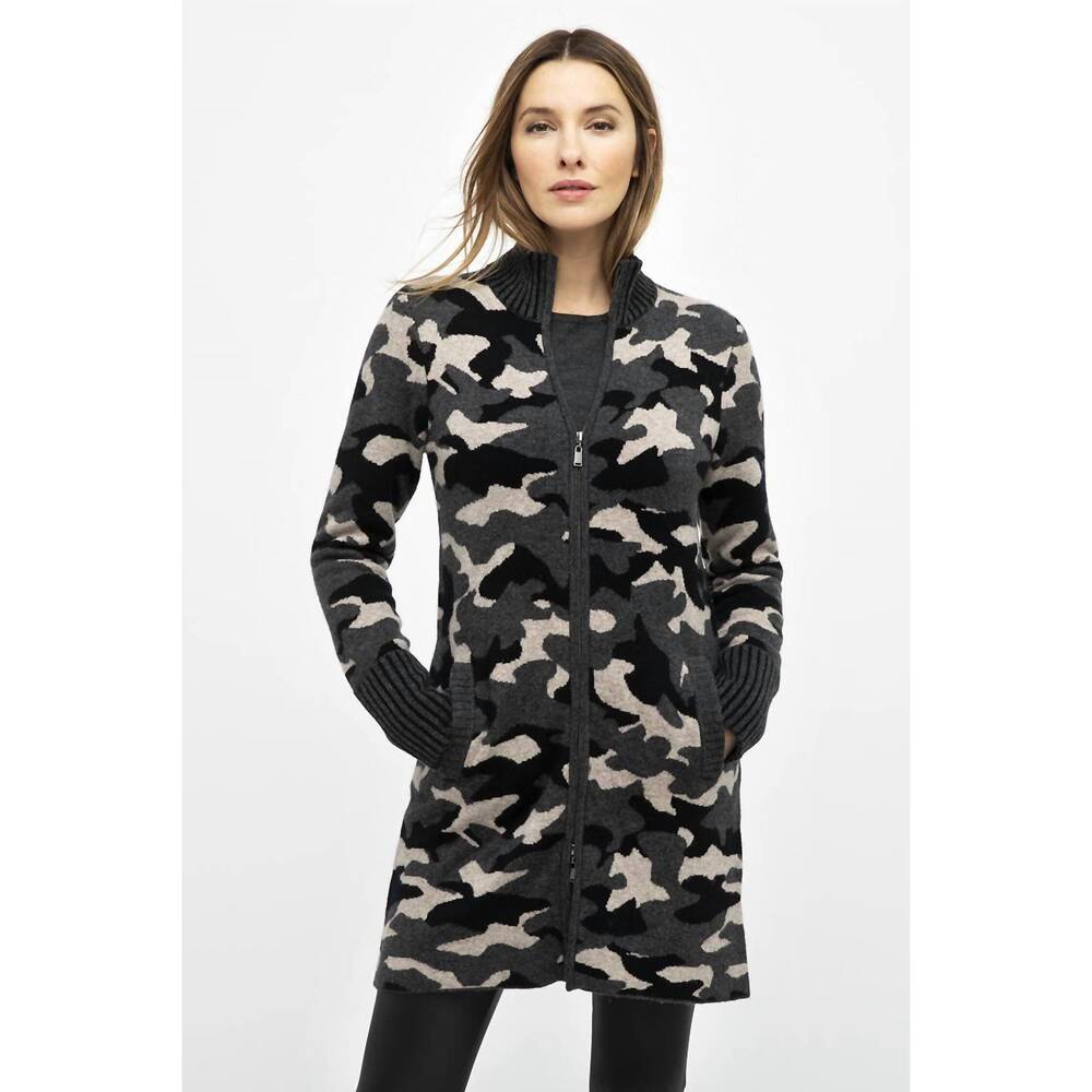 NEW KINROSS camo zip cardigan in charcoal multi